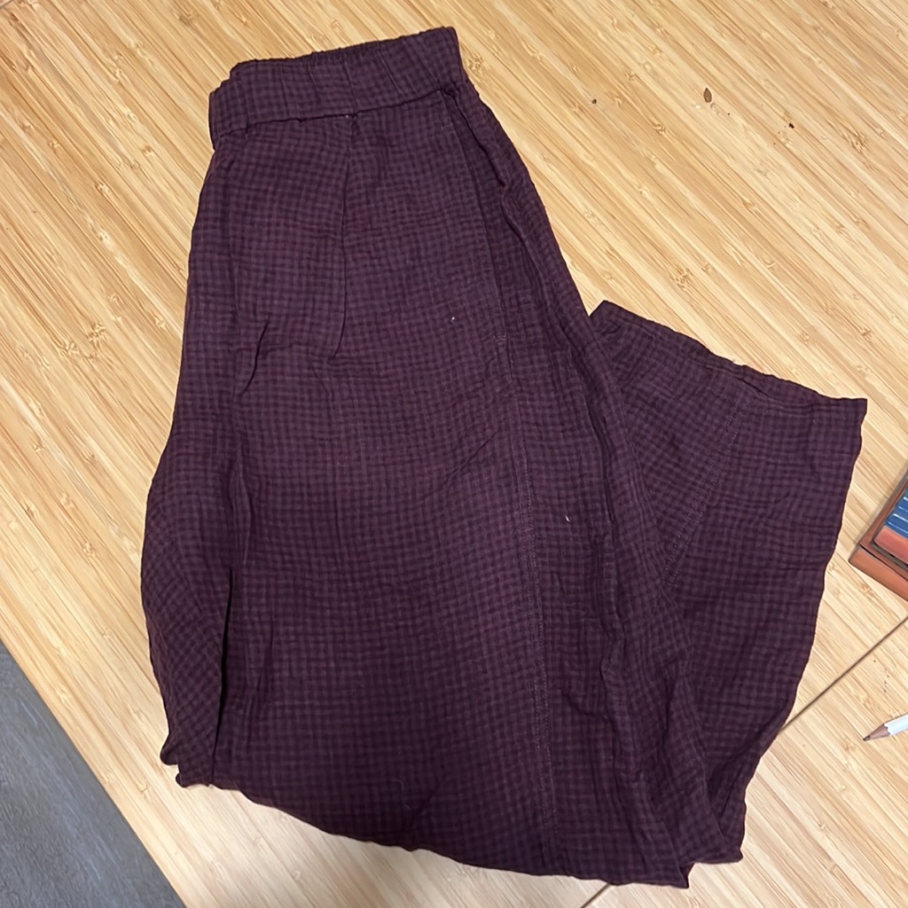 Eileen Fisher Organic Linen Plum Purple Checked Stretch Waist Women’s